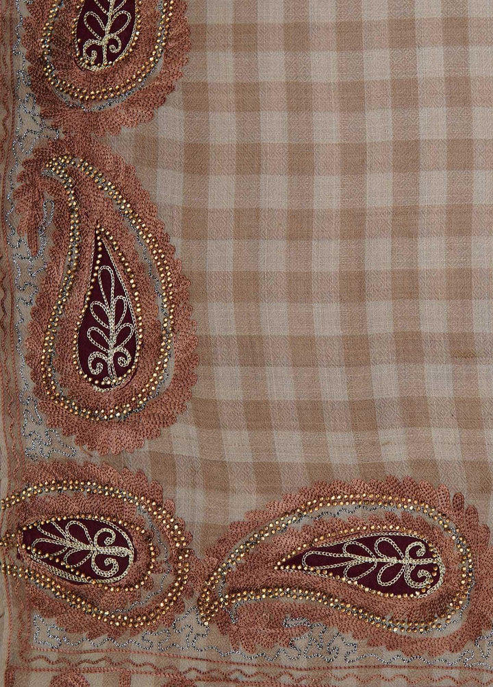 Sanaulla Exclusive Range  Pashmina  Shawls Siroski Pasily Ad KPS-30 Fawn02 - Pashmina Shawls