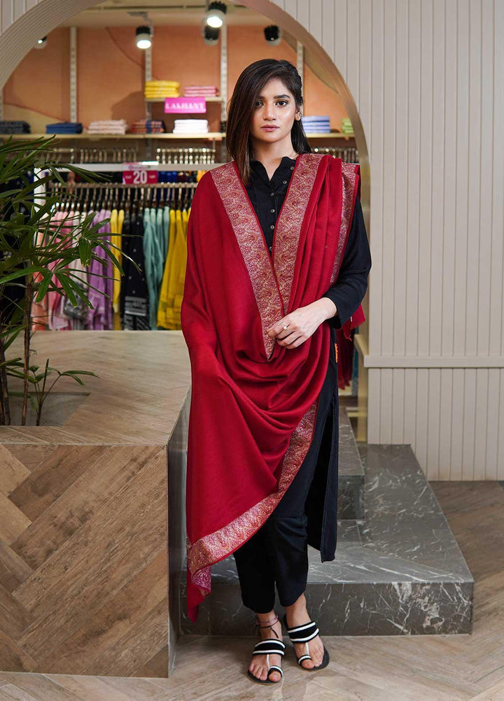 Sanaulla Exclusive Range  Pashmina  Shawls Mh Dour Sdt KPS-09 Red - Pashmina Shawls