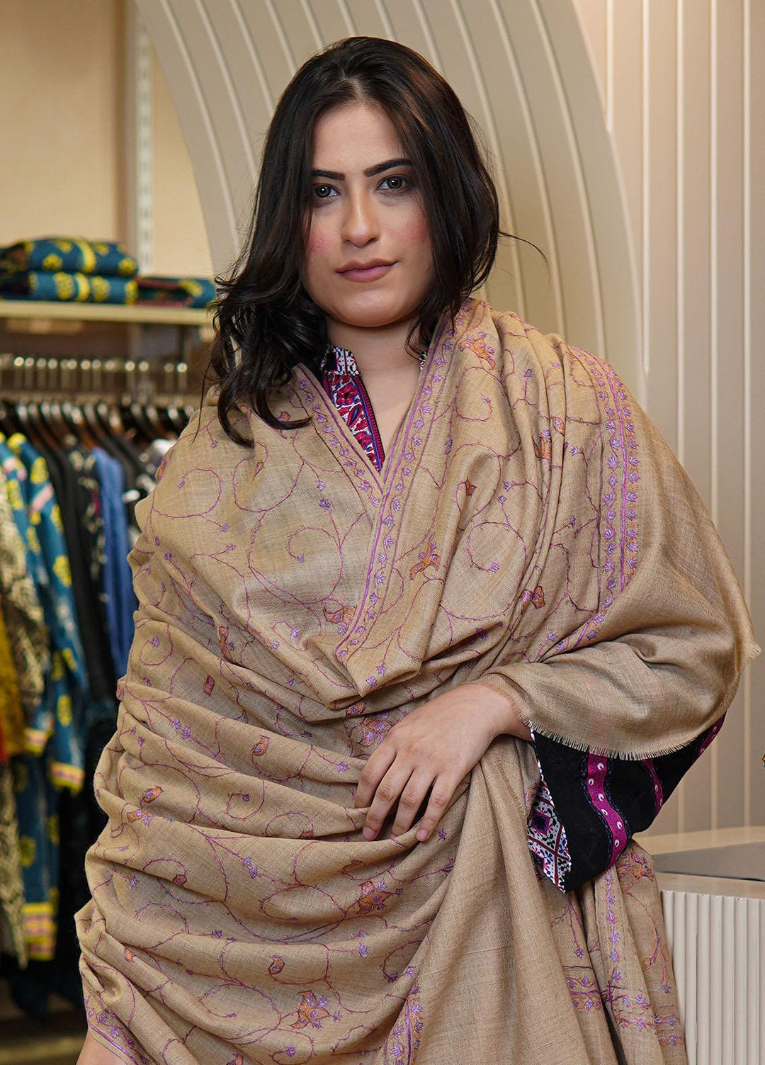 Sanaulla Exclusive Range  Pashmina  Shawls MAMA-21 Fawn-2 - Pashmina Shawls