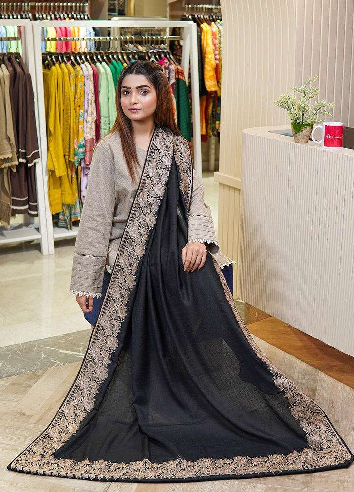 Sanaulla Exclusive Range  Pashmina  Shawls Mh Tilla Kallah Dour Ght KPS-18 Black01 - Pashmina Shawls