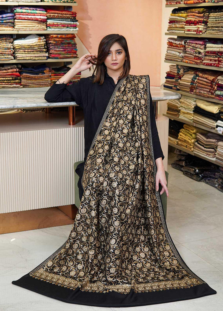 Sanaulla Exclusive Range  Pashmina  Shawls Nalki Flower Boder Jaal KPS-47 Black-02 - Pashmina Shawls