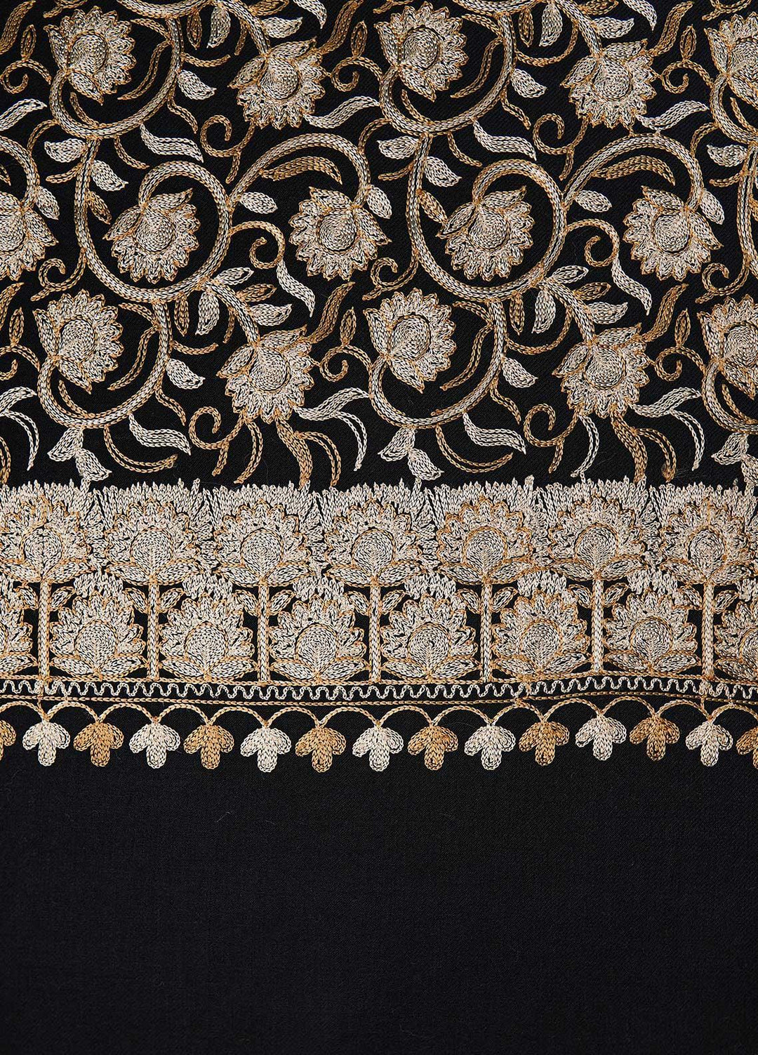 Sanaulla Exclusive Range  Pashmina  Shawls Nalki Flower Boder Jaal KPS-47 Black-02 - Pashmina Shawls