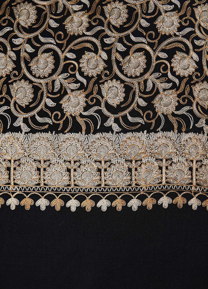 Sanaulla Exclusive Range  Pashmina  Shawls Nalki Flower Boder Jaal KPS-47 Black-02 - Pashmina Shawls