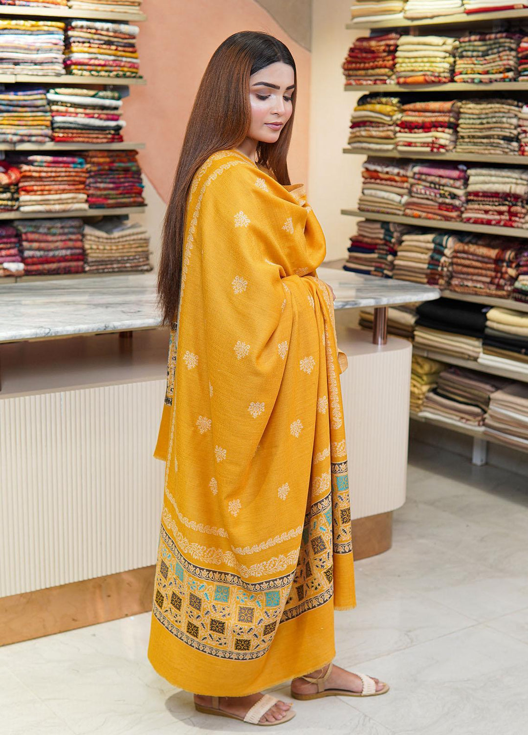 Sanaulla Exclusive Range  Pashmina  Shawls MAMA-07 Mustard-1 - Pashmina Shawls