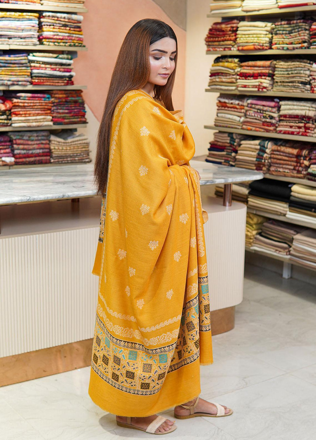 Sanaulla Exclusive Range  Pashmina  Shawls MAMA-07 Mustard-1 - Pashmina Shawls