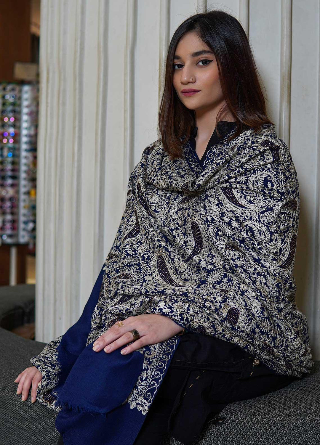 Sanaulla Exclusive Range  Pashmina  Shawls MAMA-39 Blue - Pashmina Shawls