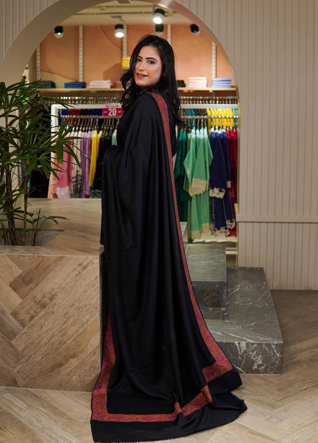 Sanaulla Exclusive Range  Pashmina  Shawls Mh Dour Sdt KPS-09 Black - Pashmina Shawls