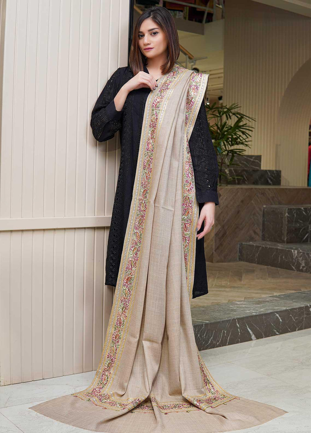 Sanaulla Exclusive Range  Pashmina  Shawls MAMA-27 Fawn-8 - Pashmina Shawls