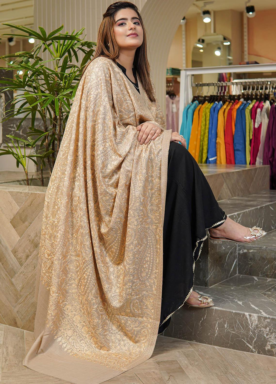 Sanaulla Exclusive Range  Pashmina  Shawls Mh Burfi Um Fine KPS-15 Brown  - Pashmina Shawls
