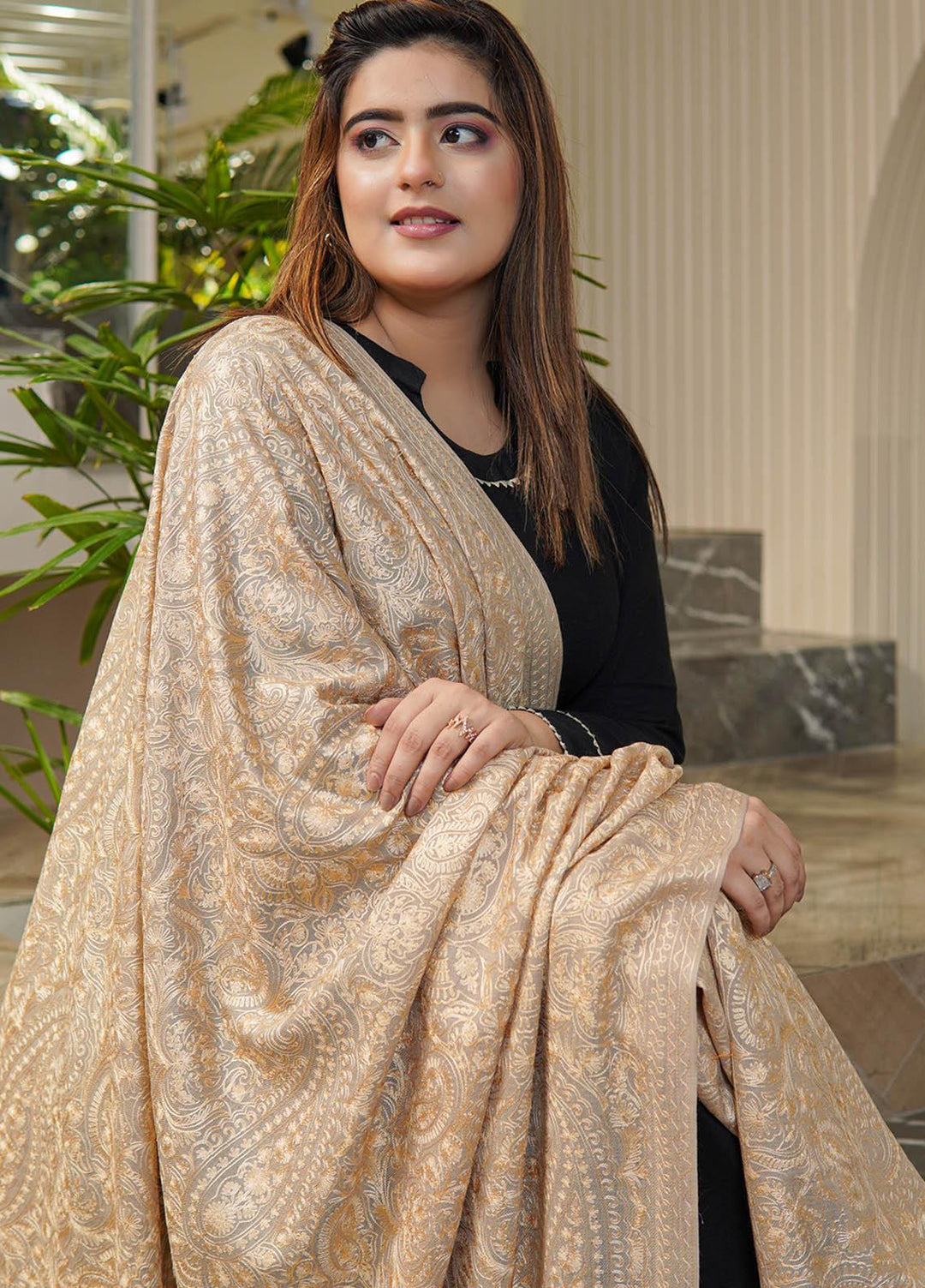 Sanaulla Exclusive Range  Pashmina  Shawls Mh Burfi Um Fine KPS-15 Brown  - Pashmina Shawls