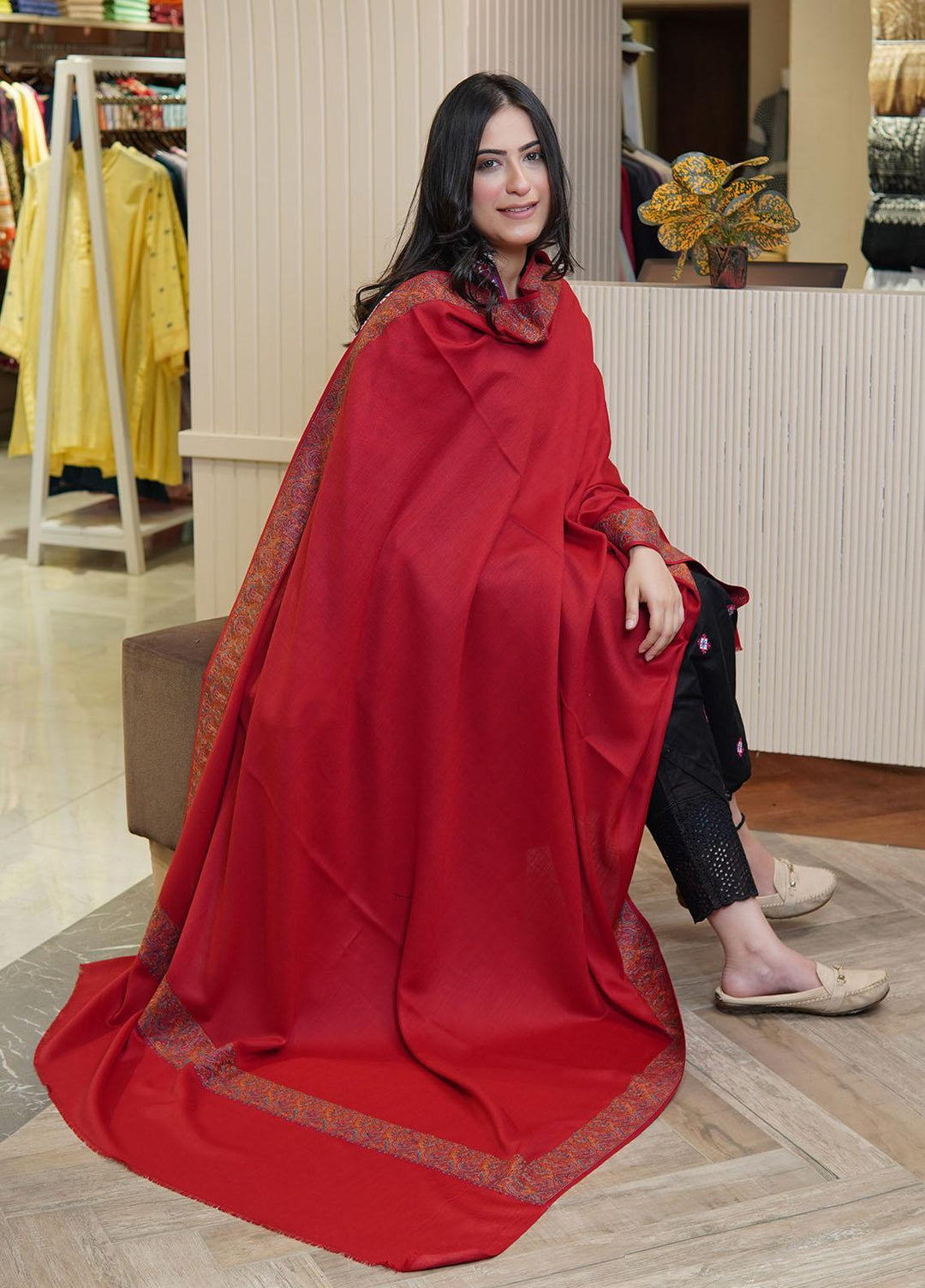 Sanaulla Exclusive Range  Pashmina  Shawls Mh Dour Sdt KPS-09 Red01 - Pashmina Shawls