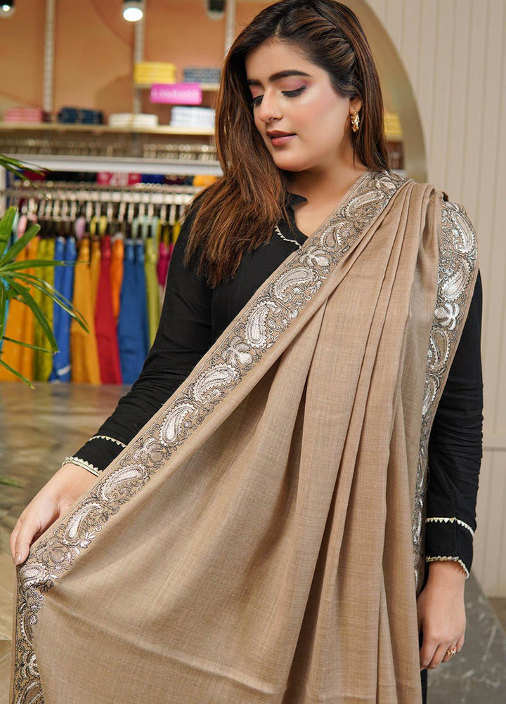 Sanaulla Exclusive Range  Pashmina  Shawls Zarri Pasily Chanar Boder Jw KPS-57 Brown-02 - Pashmina Shawls