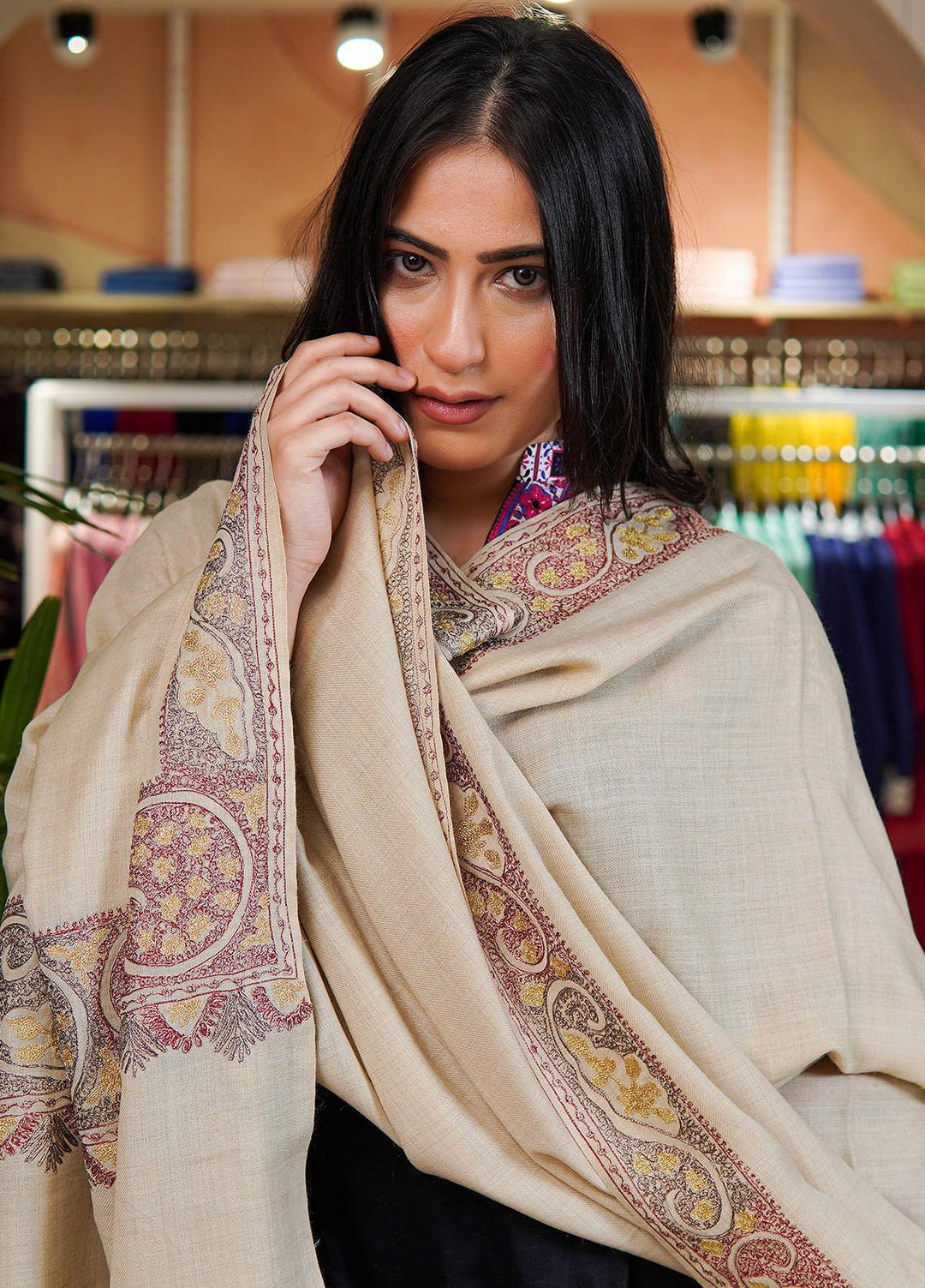 Sanaulla Exclusive Range  Pashmina  Shawls Nalki Zarri Kaalah Dour Hw KPS-36 Fawn01 - Pashmina Shawls
