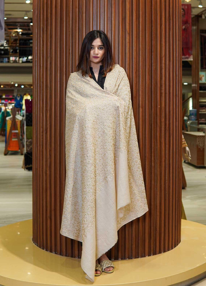 Sanaulla Exclusive Range  Pashmina  Shawls Nalki Zarri Small Jaal AD KPS-49 Fawn02 - Pashmina Shawls