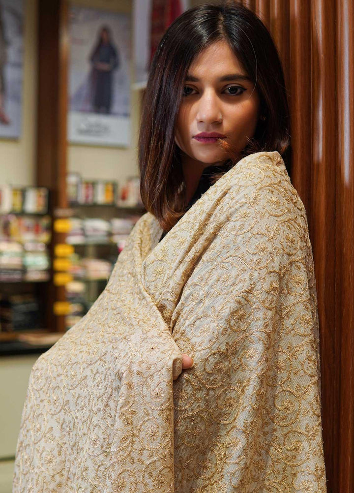 Sanaulla Exclusive Range  Pashmina  Shawls Nalki Zarri Small Jaal AD KPS-49 Fawn02 - Pashmina Shawls