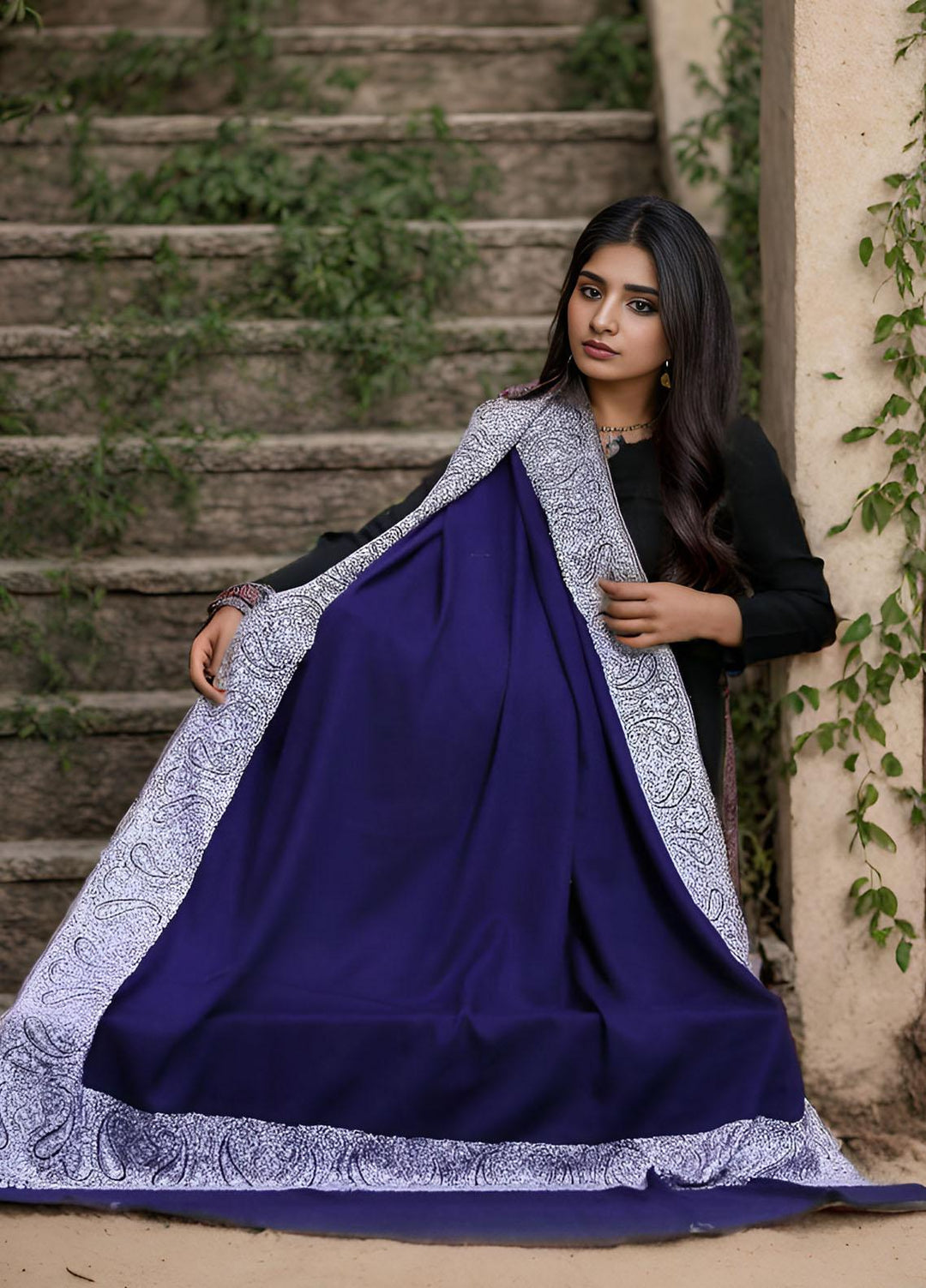 Sanaulla Exclusive Range  Pashmina  Mama D-19 Royal Blue 01 - Women Shawls