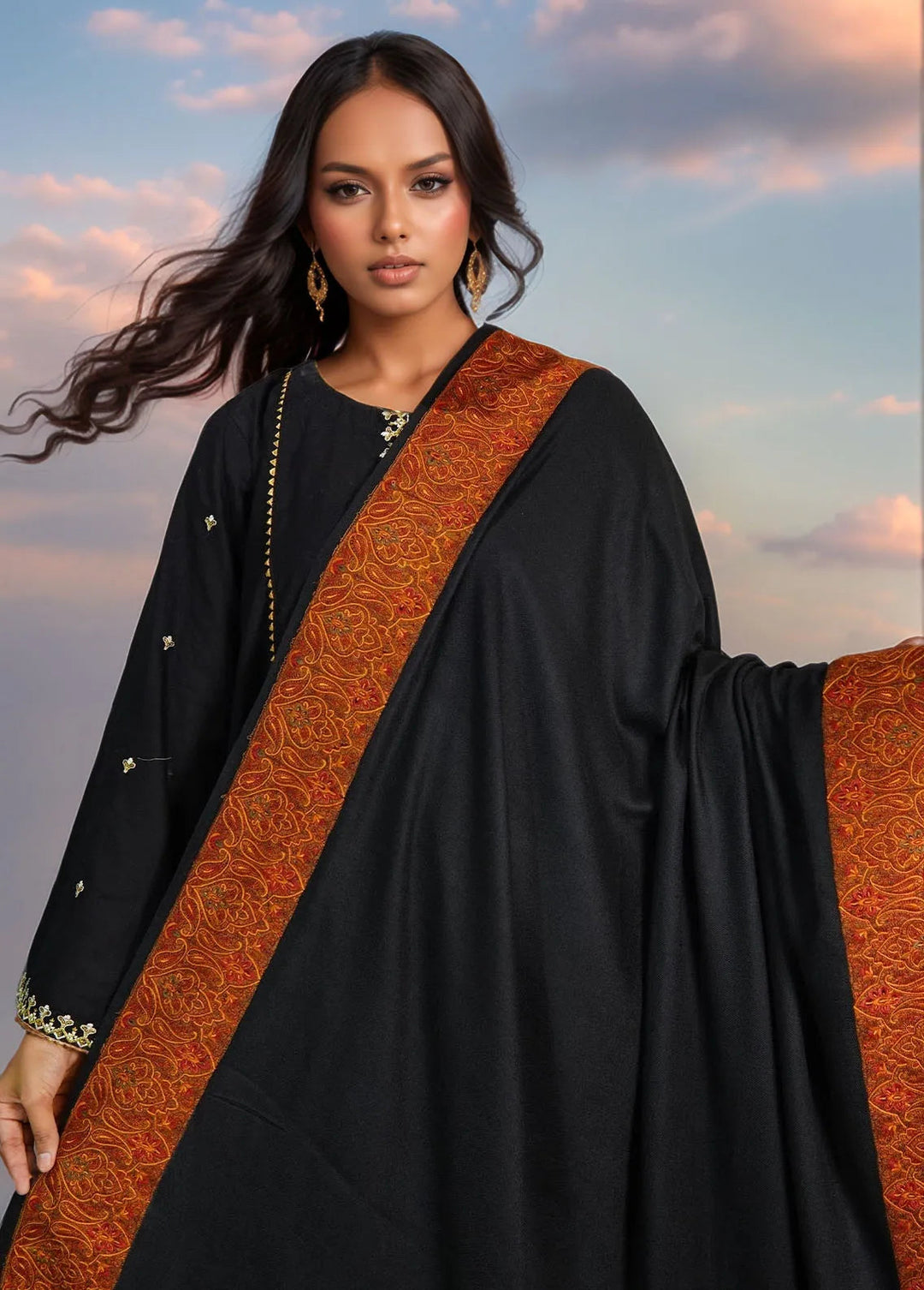 Sanaulla Exclusive Range Pashmina Shawl D-10 Black - Winter Collection