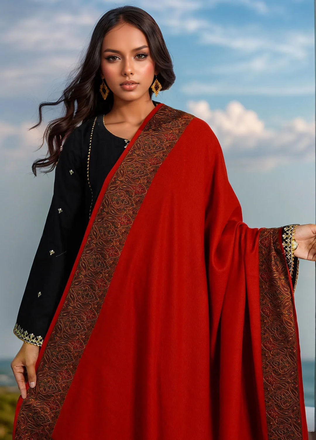 Sanaulla Exclusive Range Pashmina Shawl D-10 Red - Winter Collection