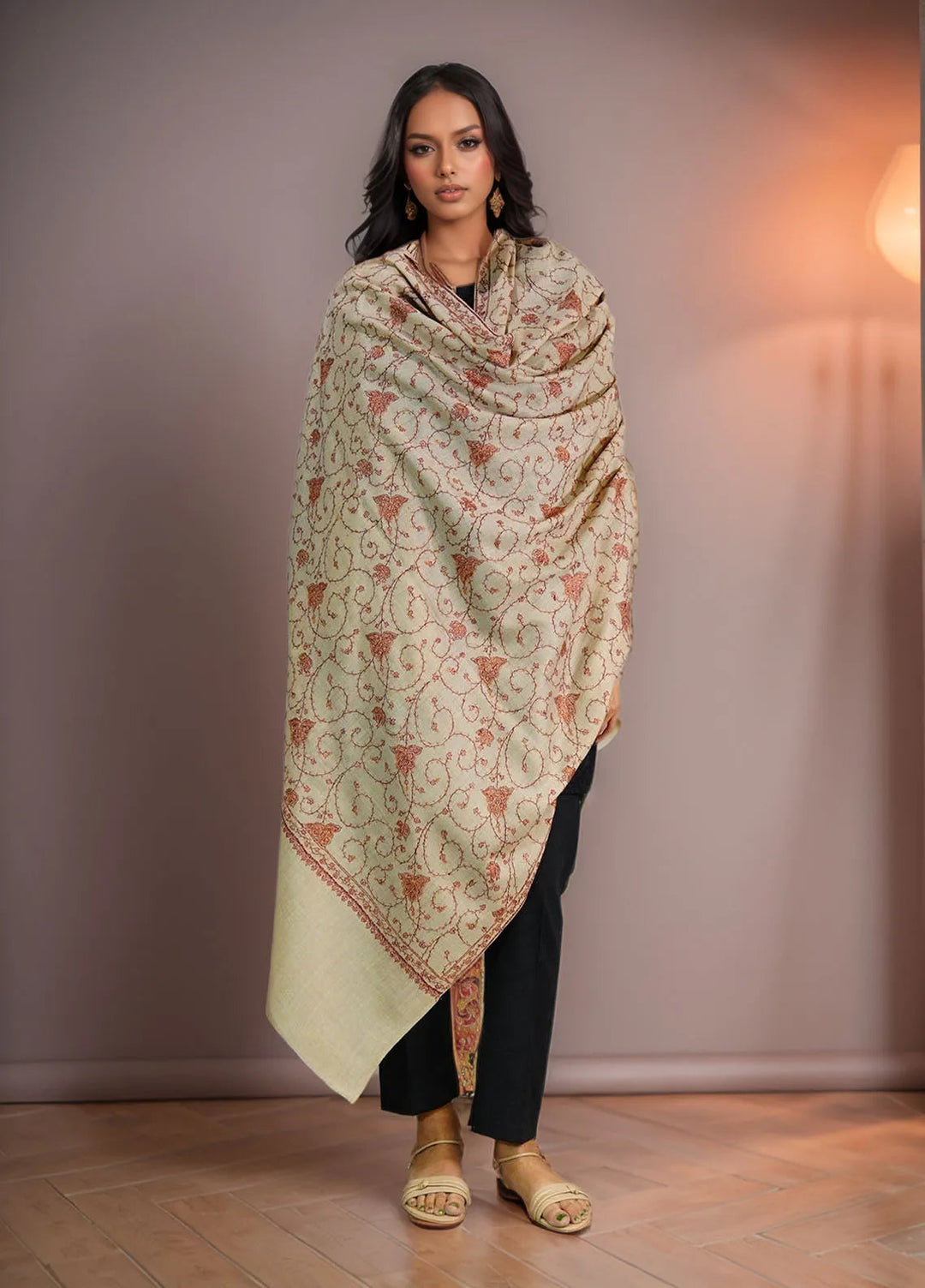 Sanaulla Exclusive Range Pashmina Shawl D-15 Light brown - Winter Collection