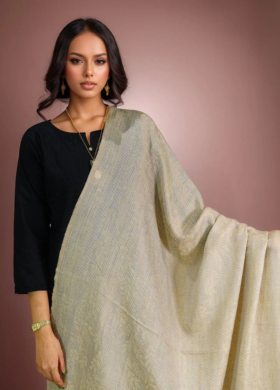 Sanaulla Exclusive Range Pashmina Shawl D-28 Fawn - Winter Collection