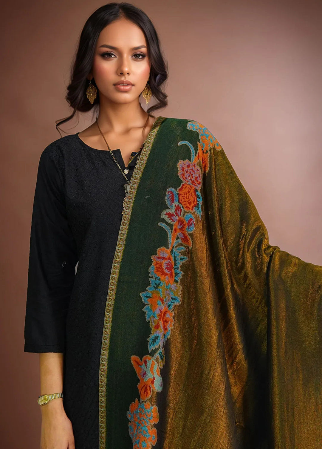 Sanaulla Exclusive Range Pashmina Shawl D-54 Dark Green - Winter Collection