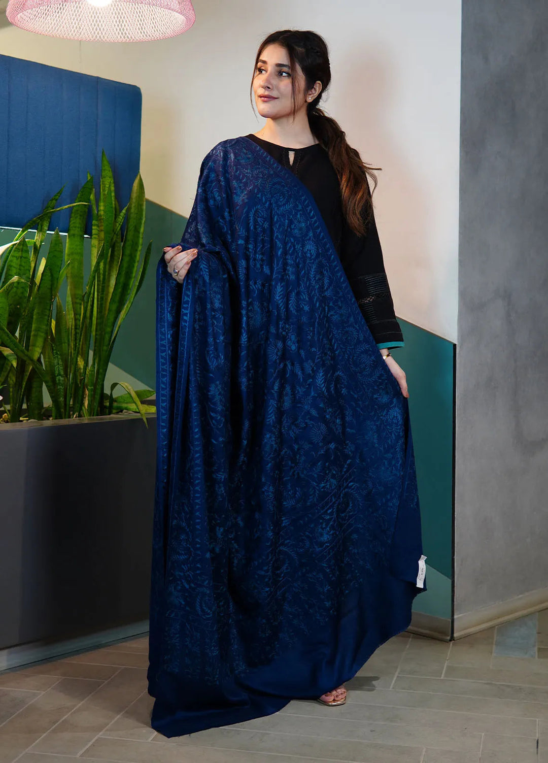 Sanaulla Exclusive Range Pashmina Shawl KPS D-104 Navy blue - Winter Collection