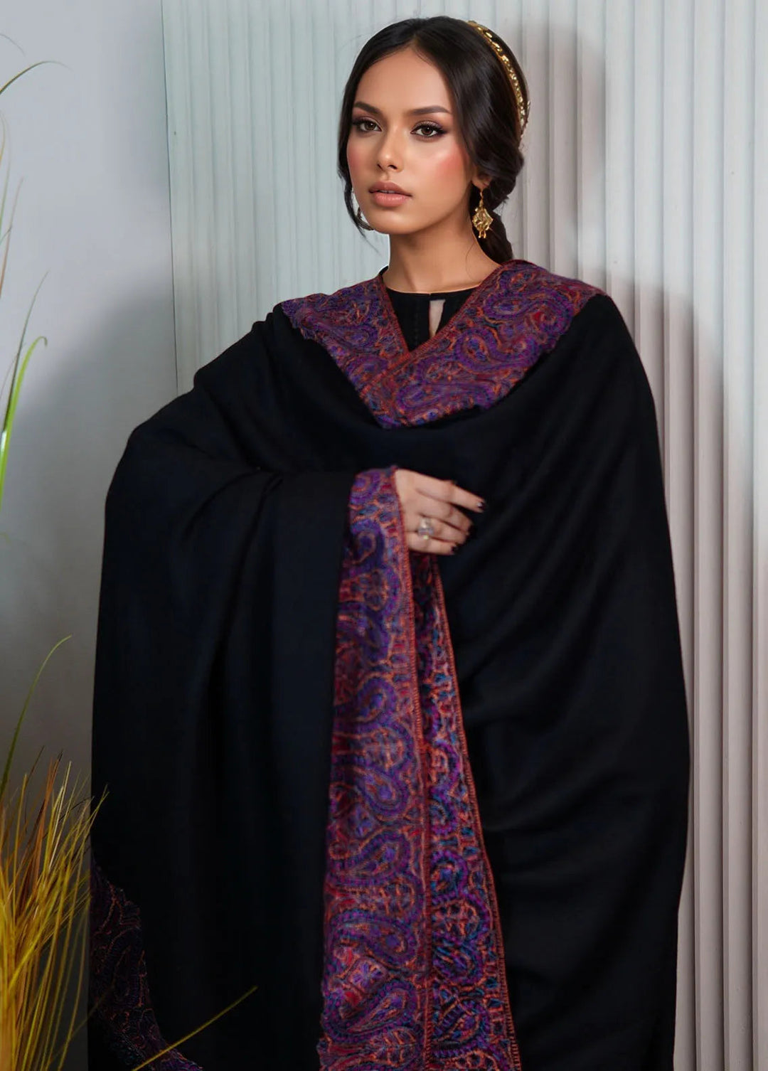 Sanaulla Exclusive Range Pashmina Shawl KPS D-129 Black 1 - Winter Collection