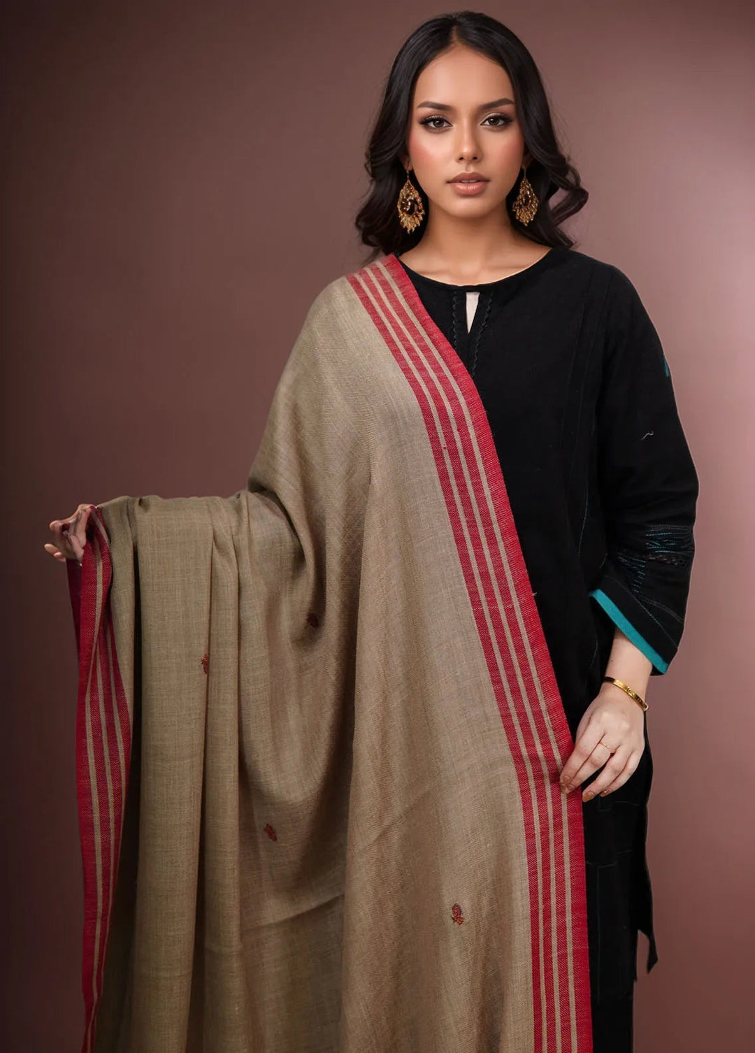 Sanaulla Exclusive Range Pashmina Shawl KPS D-2 Dark Brown - Winter Collection