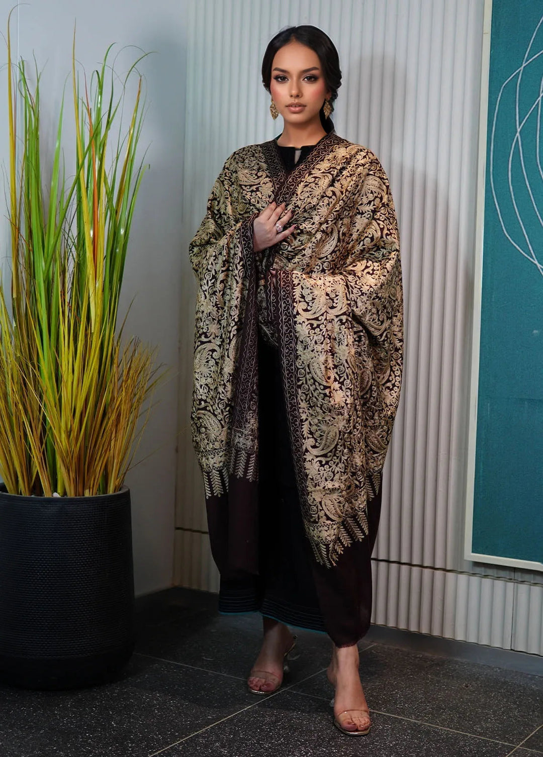 Sanaulla Exclusive Range Pashmina Shawl KPS D-35 Dark Brown - Winter Collection