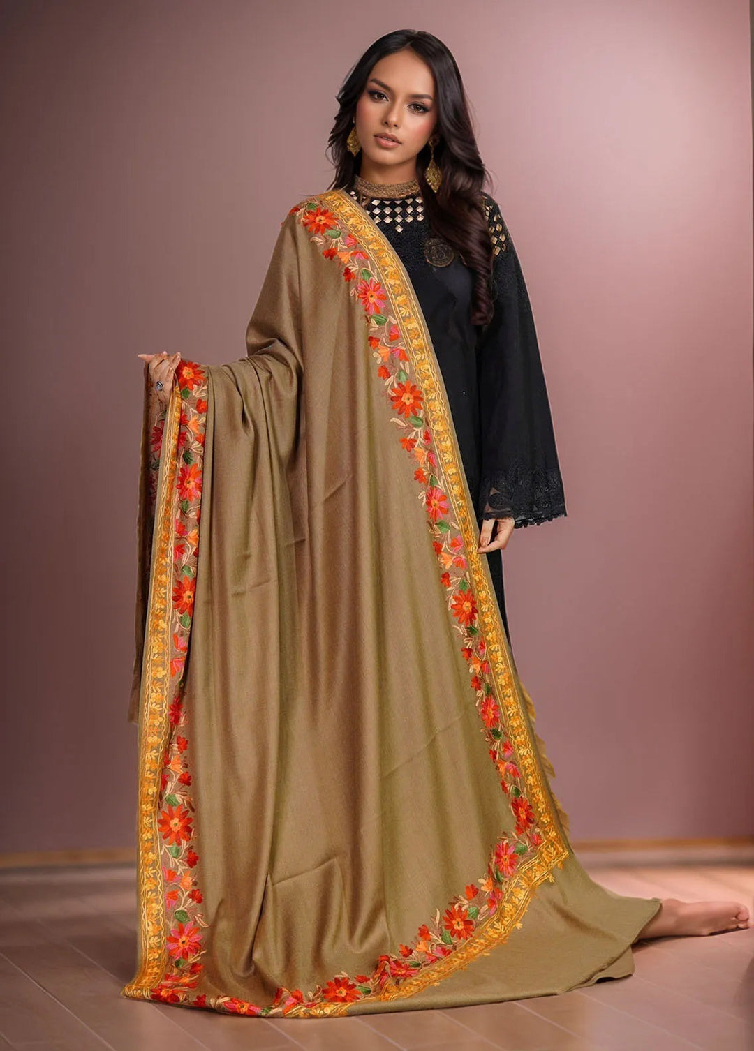 Sanaulla Exclusive Range Pashmina Shawl KPS D-4 Dark Brown - Winter Collection