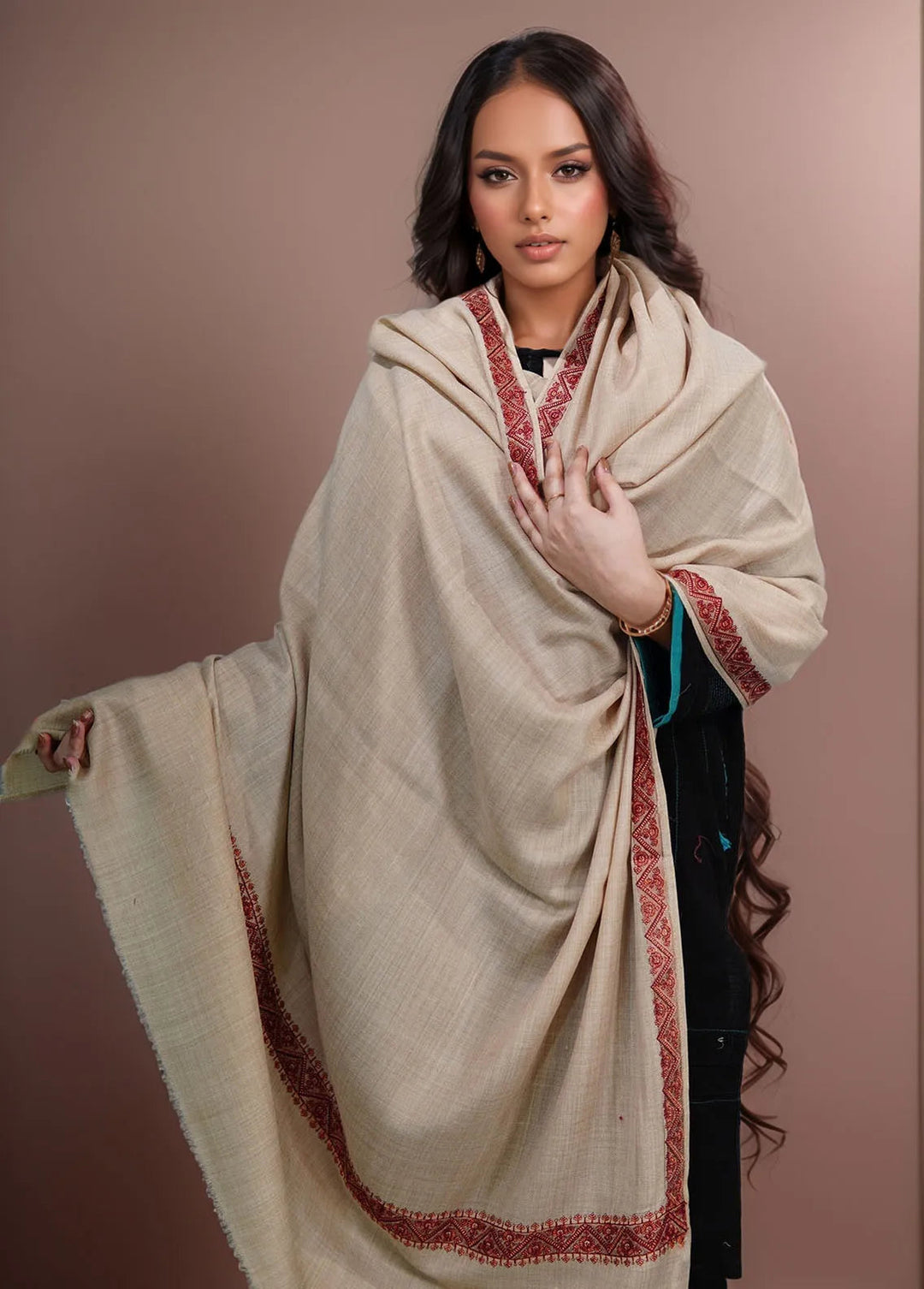 Sanaulla Exclusive Range Pashmina Shawl KPS D-59 Fawn 1 - Winter Collection
