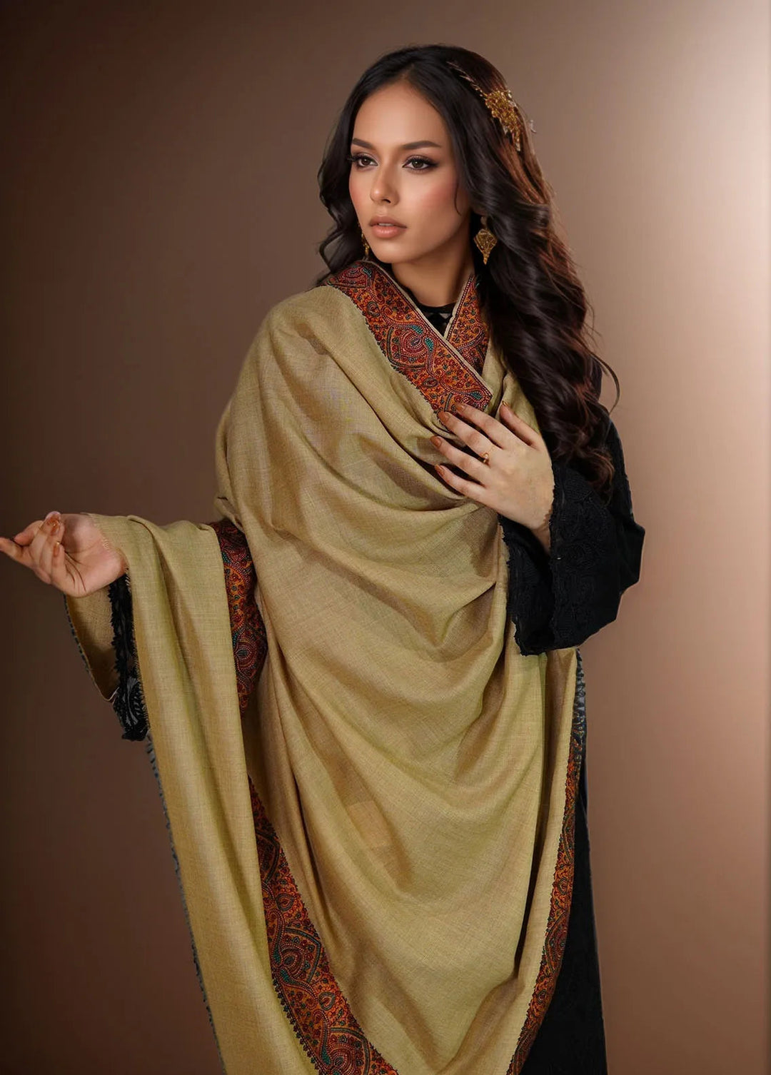 Sanaulla Exclusive Range Pashmina Shawl MAMA D-8 Brown - Winter Collection