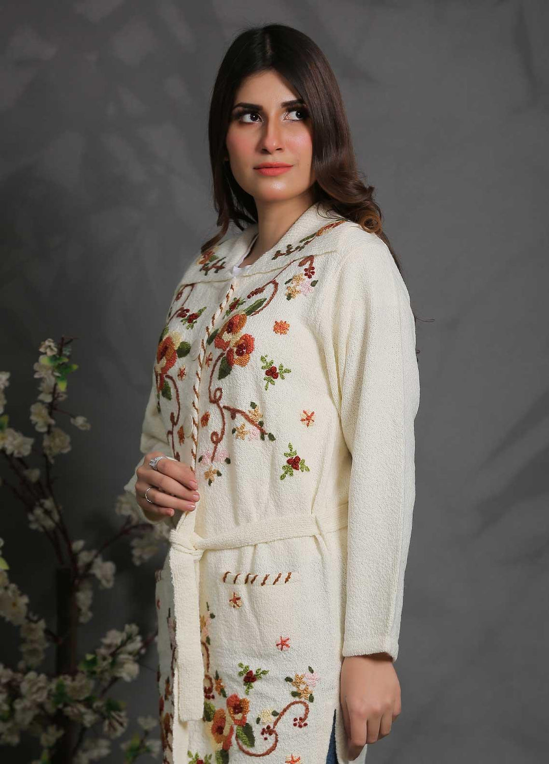 Sanaulla Exclusive Range Fancy Woolen Free Size  Sweater SUE21S G-F C3931-White - Woolen Women Sweaters