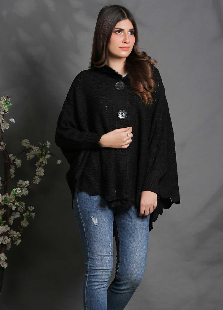Sanaulla Exclusive Range Fancy Woolen Free Size  Cap Shawl SUE21S G-F A036-Black - Woolen Women Sweaters