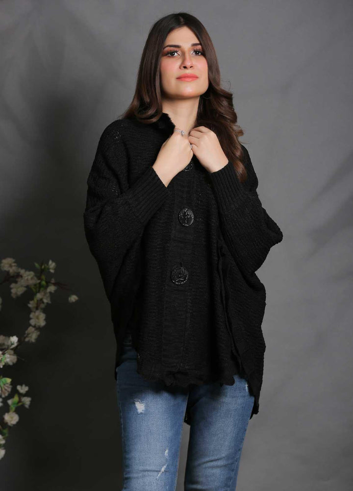 Sanaulla Exclusive Range Fancy Woolen Free Size  Cap Shawl SUE21S G-F A036-Black - Woolen Women Sweaters