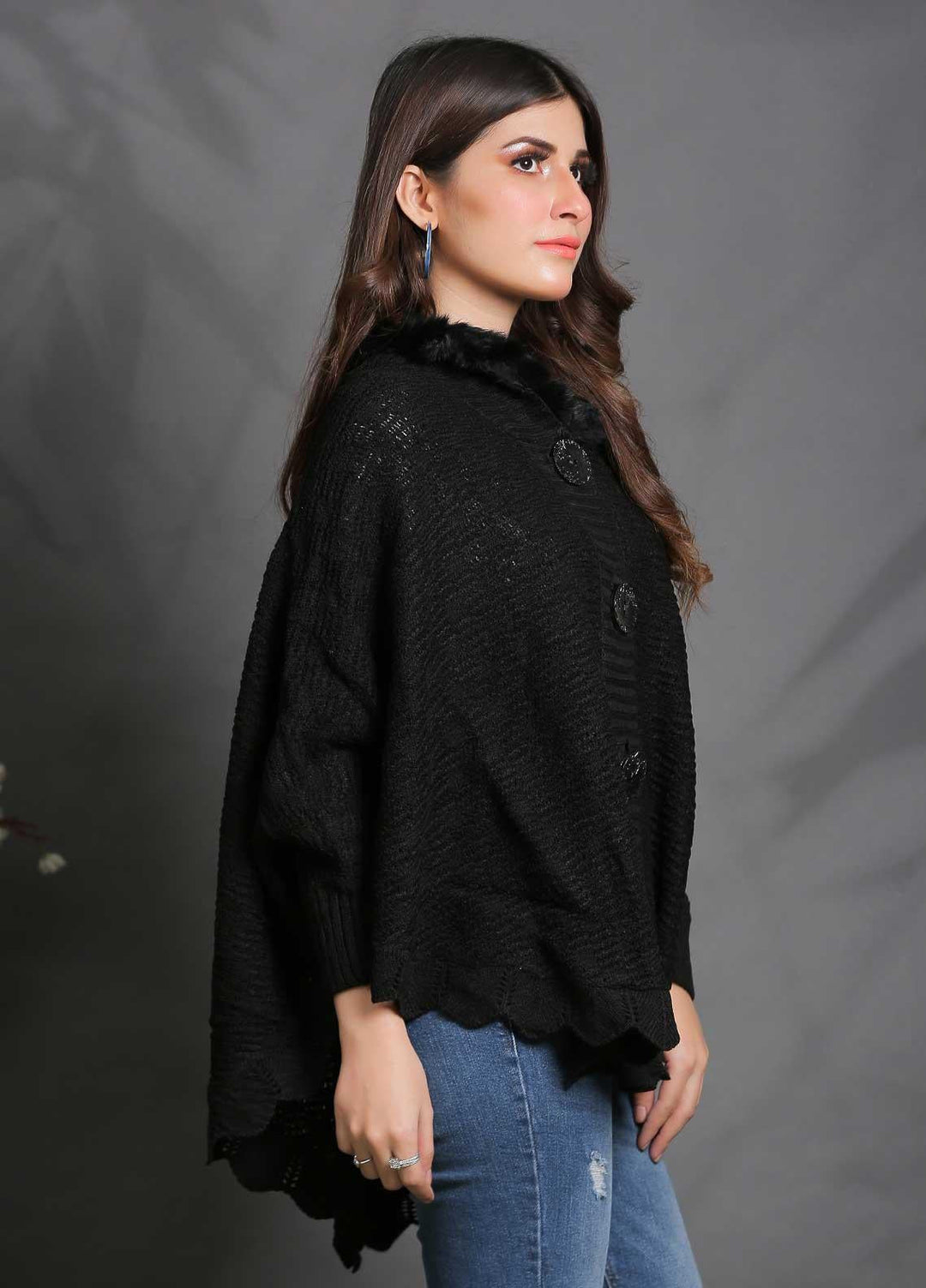 Sanaulla Exclusive Range Fancy Woolen Free Size  Cap Shawl SUE21S G-F A036-Black - Woolen Women Sweaters