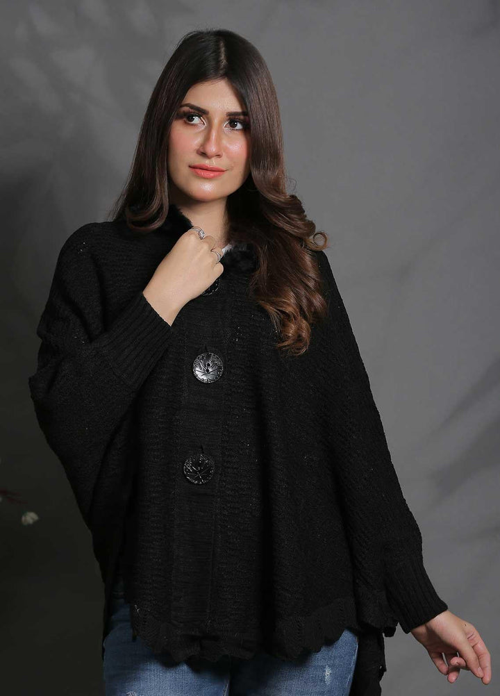Sanaulla Exclusive Range Fancy Woolen Free Size  Cap Shawl SUE21S G-F A036-Black - Woolen Women Sweaters