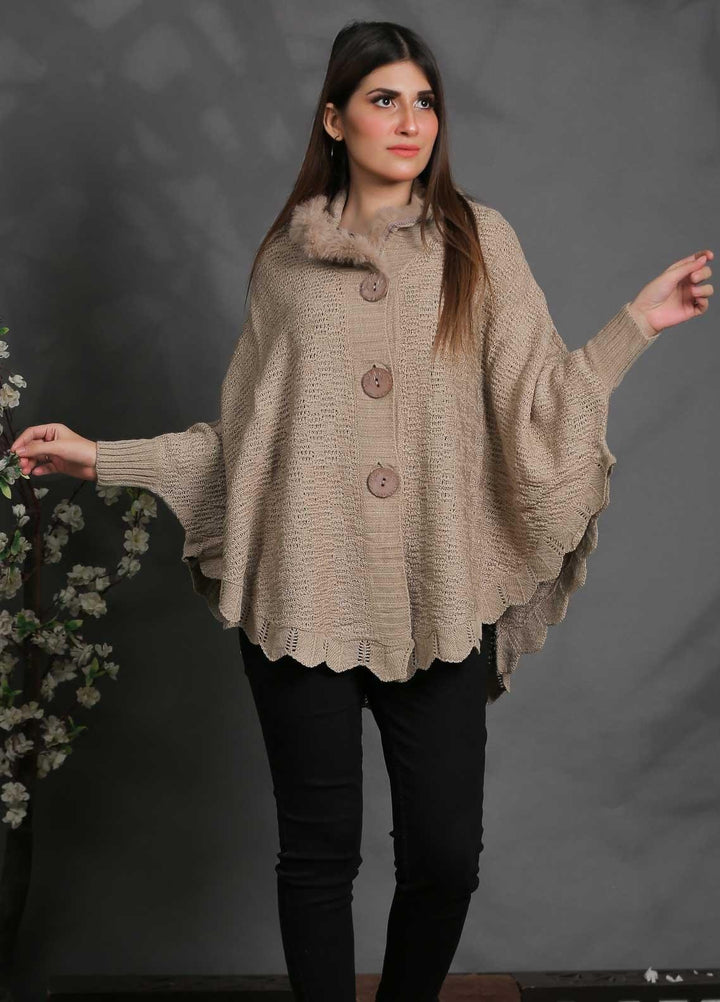 Sanaulla Exclusive Range Fancy Woolen Free Size  Cap Shawl SUE21S G-F A036-Fawn - Woolen Women Sweaters