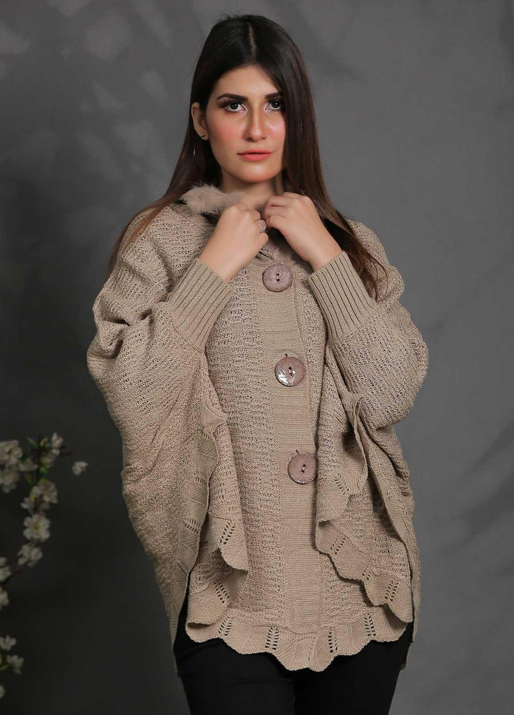 Sanaulla Exclusive Range Fancy Woolen Free Size  Cap Shawl SUE21S G-F A036-Fawn - Woolen Women Sweaters