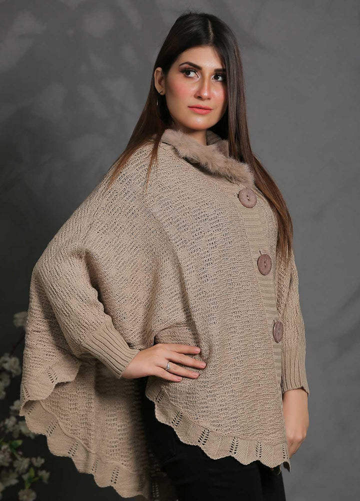 Sanaulla Exclusive Range Fancy Woolen Free Size  Cap Shawl SUE21S G-F A036-Fawn - Woolen Women Sweaters