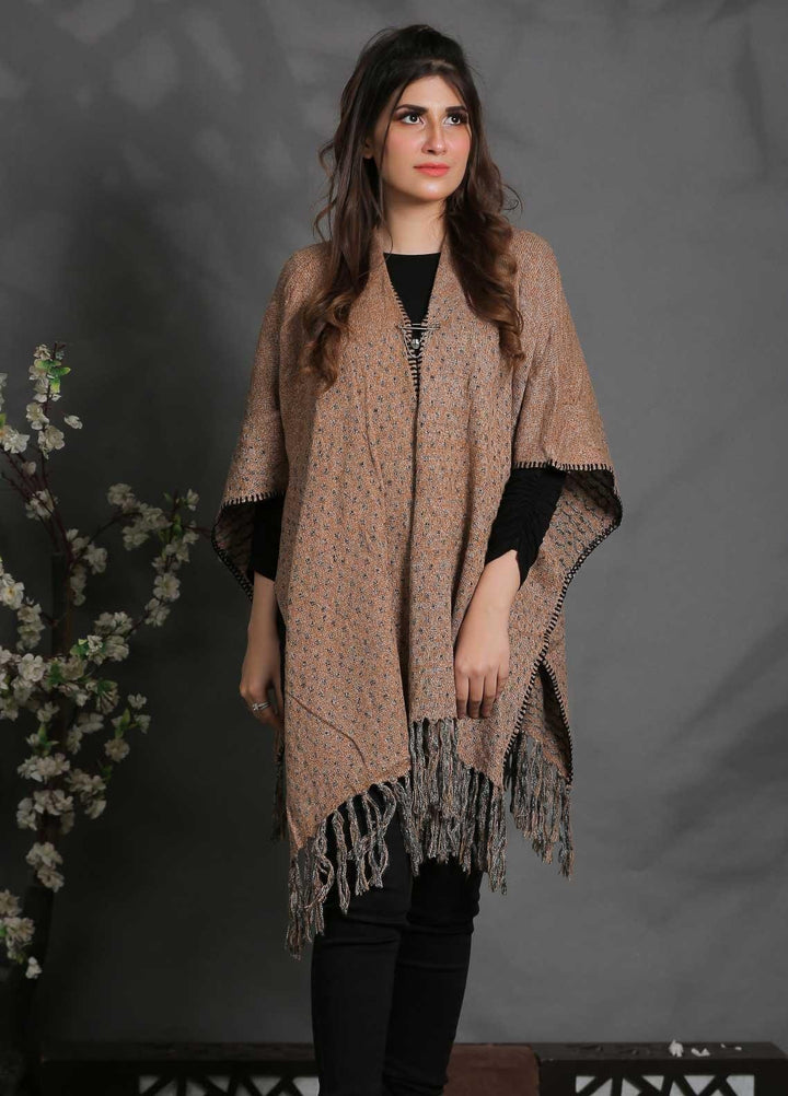 Sanaulla Exclusive Range Fancy Woolen Free Size  Cap Shawl SUE21S G-F F1743-Brown - Woolen Women Sweaters