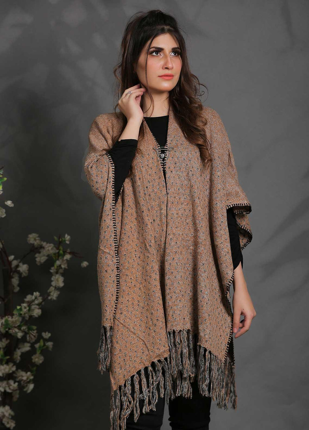 Sanaulla Exclusive Range Fancy Woolen Free Size  Cap Shawl SUE21S G-F F1743-Brown - Woolen Women Sweaters