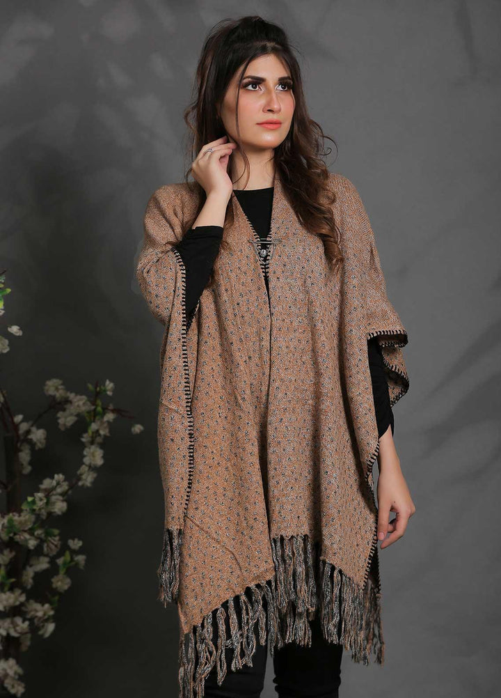Sanaulla Exclusive Range Fancy Woolen Free Size  Cap Shawl SUE21S G-F F1743-Brown - Woolen Women Sweaters