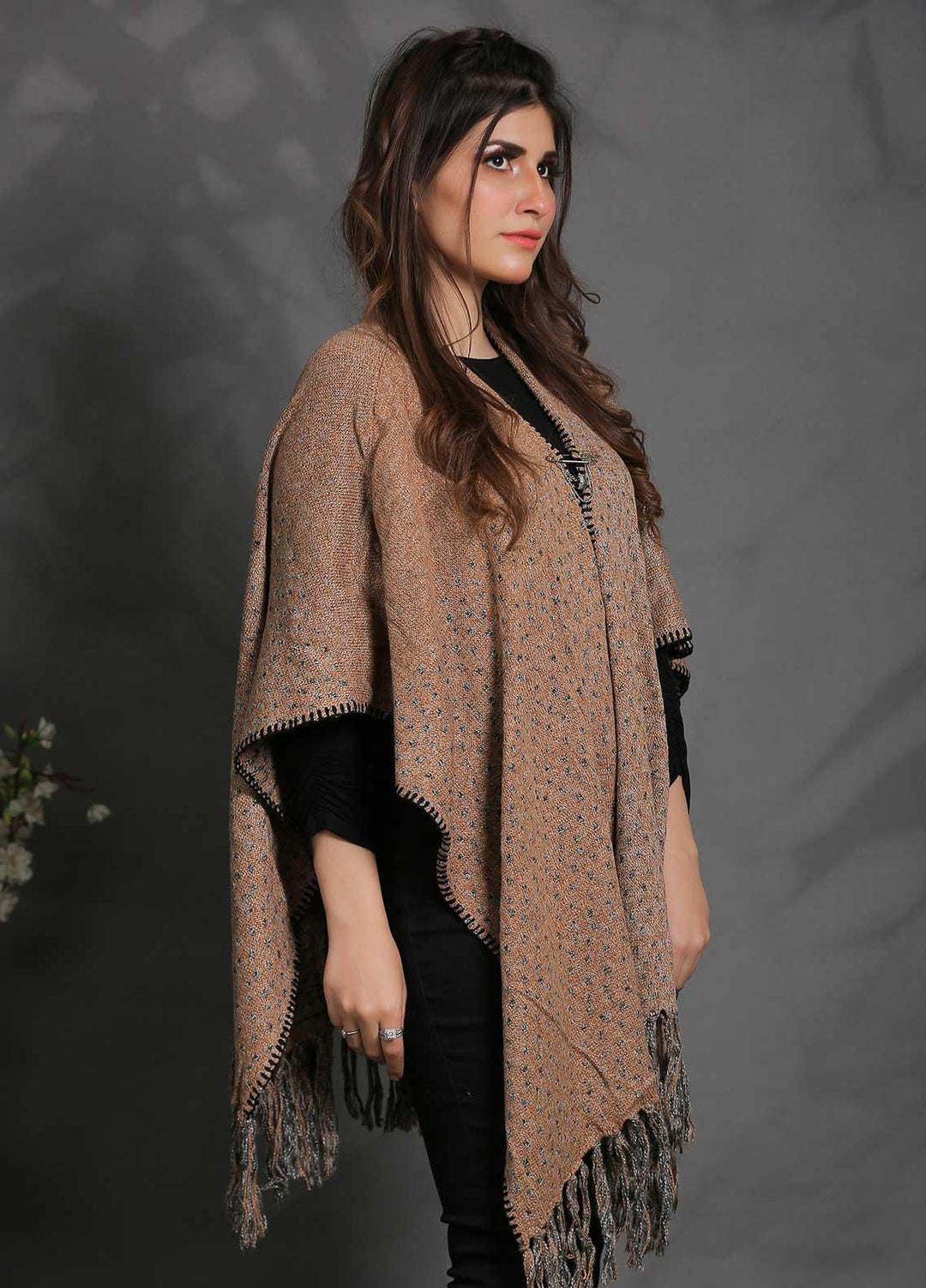Sanaulla Exclusive Range Fancy Woolen Free Size  Cap Shawl SUE21S G-F F1743-Brown - Woolen Women Sweaters