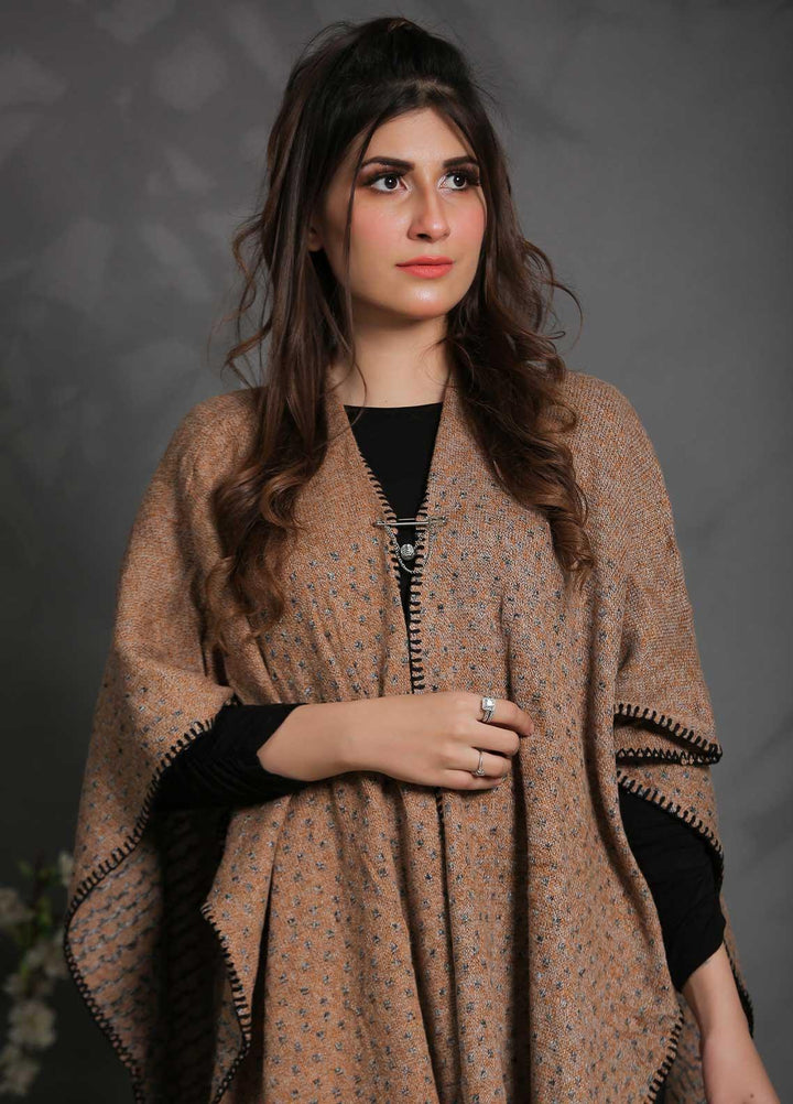 Sanaulla Exclusive Range Fancy Woolen Free Size  Cap Shawl SUE21S G-F F1743-Brown - Woolen Women Sweaters