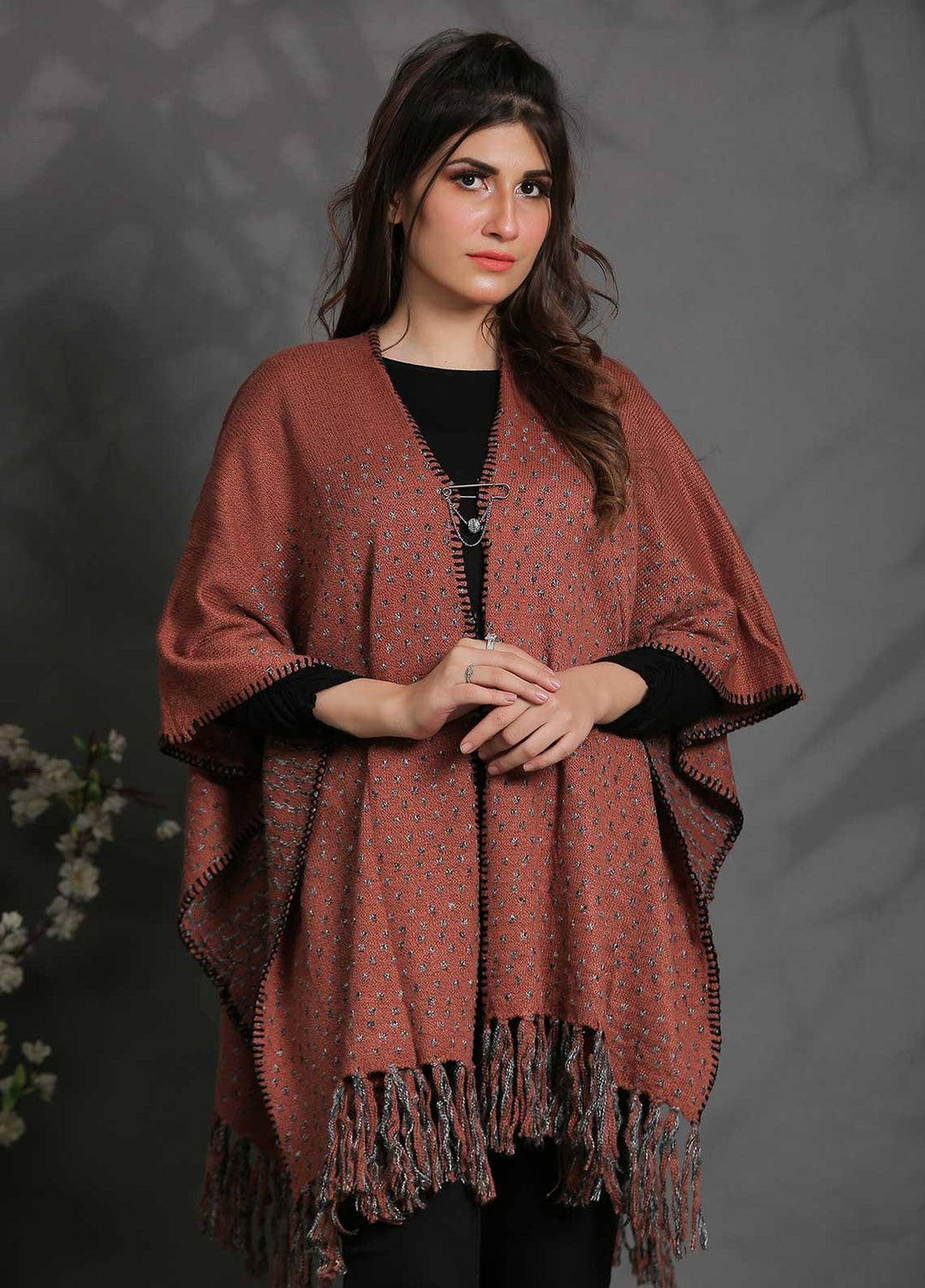 Sanaulla Exclusive Range Fancy Woolen Free Size  Cap Shawl SUE21S G-F F1743-Rust - Woolen Women Sweaters
