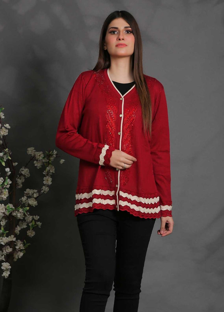 Sanaulla Exclusive Range Fancy Woolen Free Size  Sweater SUE21S G-F D8761-Red - Woolen Women Sweaters