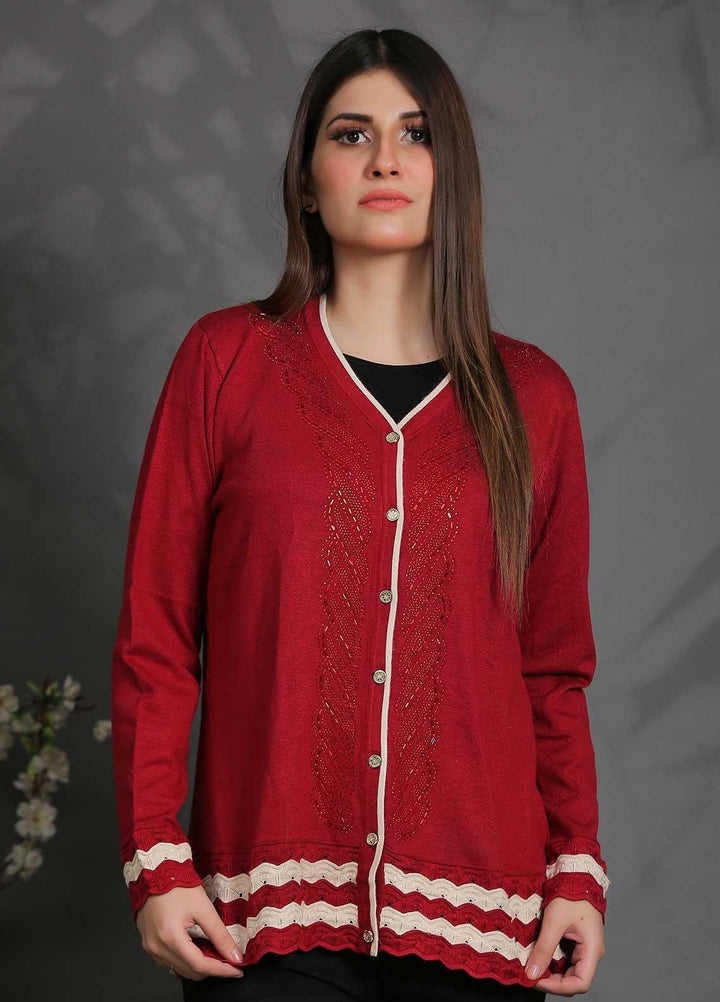 Sanaulla Exclusive Range Fancy Woolen Free Size  Sweater SUE21S G-F D8761-Red - Woolen Women Sweaters