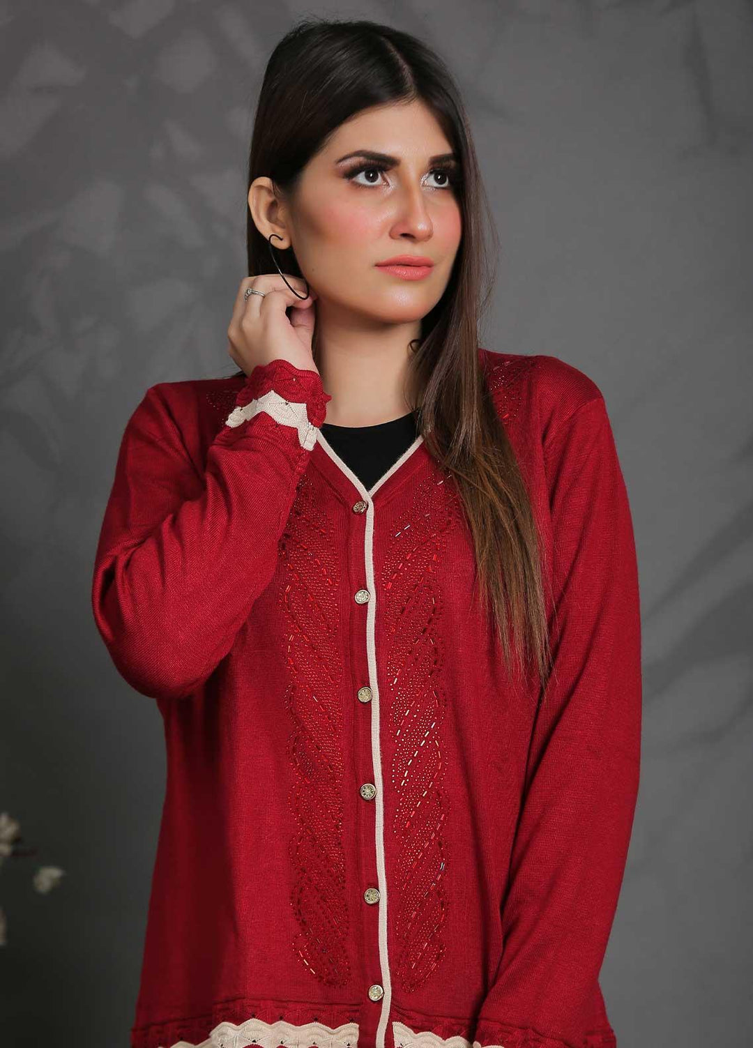 Sanaulla Exclusive Range Fancy Woolen Free Size  Sweater SUE21S G-F D8761-Red - Woolen Women Sweaters