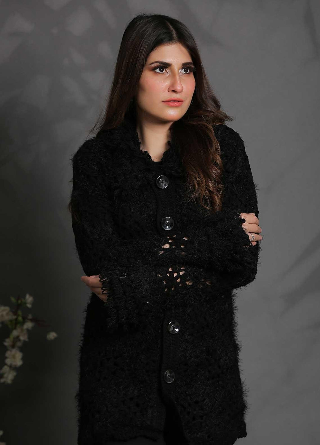 Sanaulla Exclusive Range Fancy Woolen Free Size  Sweater SUE21S G-F D414-Black - Woolen Women Sweaters